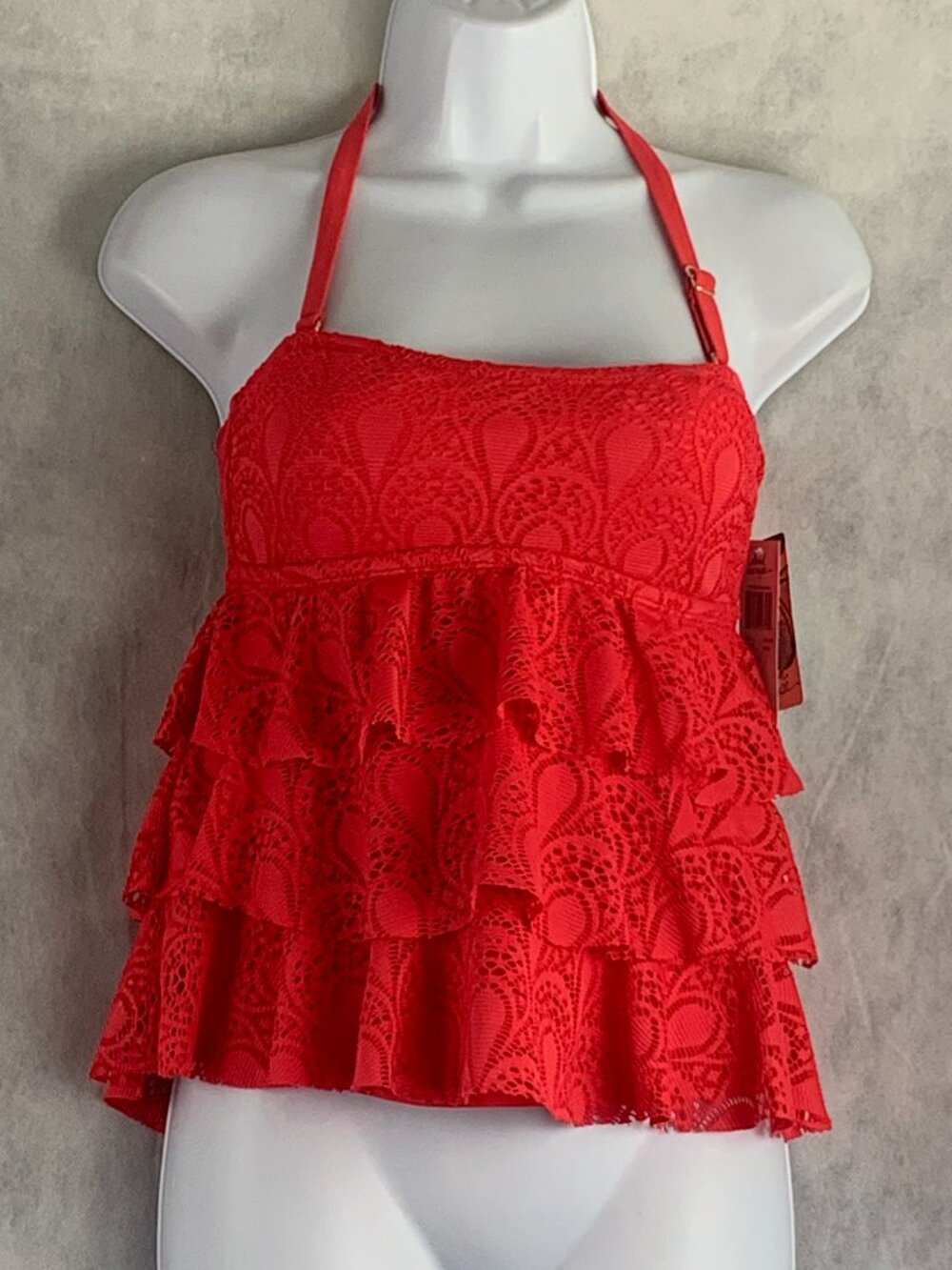 Island Escape Women's Tiered Crochet Bandeau Tankini Swim Top, Coral, Size 6